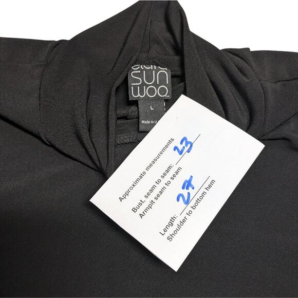 Clara Sun Woo Black Cold Shoulder Top L Mock Neck Tunic Jersey Knit Stretch - Picture 8 of 11